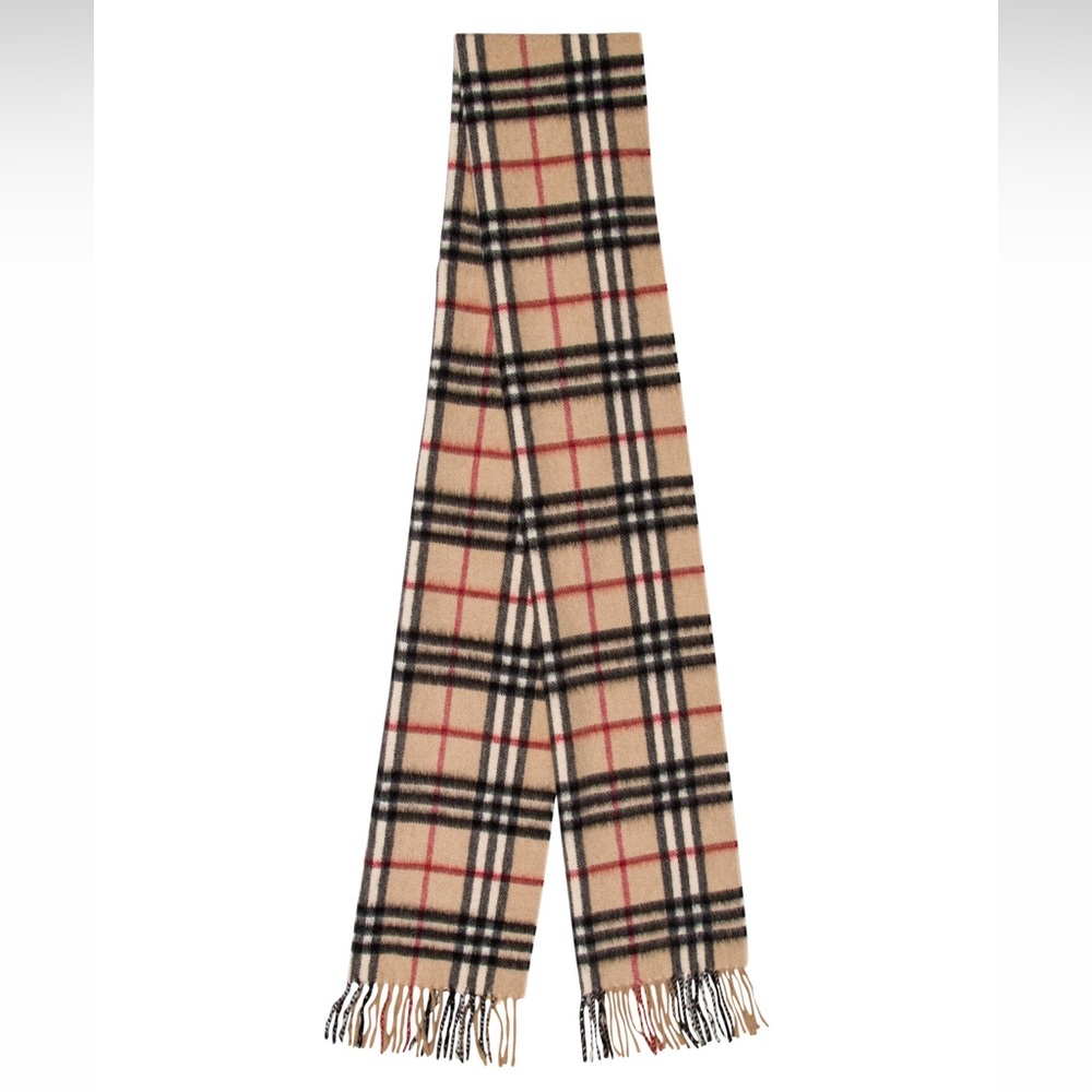 Burberry 100% Cashmere Nova Check Scarf with Fringe Trim Made in England
